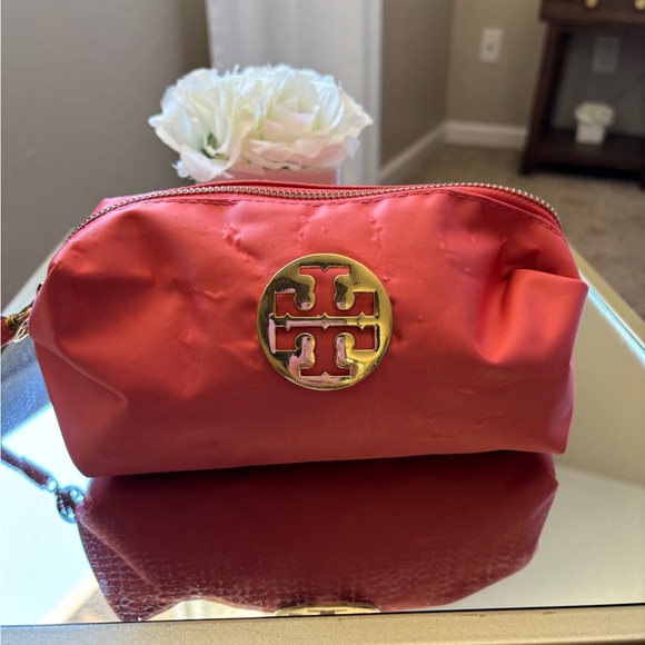 Tory Burch Handbags - Tory Burch Coral Cosmetic Bag with Gold Logo
